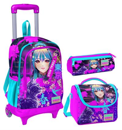 Coral High Mor Pembe Anime Kedi Üçlü Çekçek Işıklı Tekerlekli Çanta Seti - Kız Çocuk