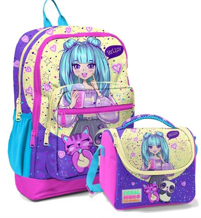 Coral High Mor Pembe Anime Okul Sırt ve Beslenme Çantası Seti - Kız Çocuk - Dört Bölmeli
