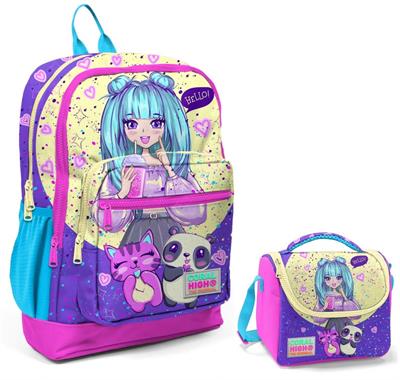Coral High Mor Pembe Anime Okul Sırt ve Beslenme Çantası Seti - Kız Çocuk