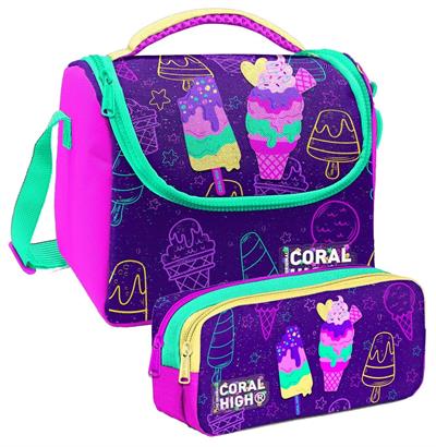 Coral High Mor Pembe Dondurma Desenli Kız Çocuk Isı Yalıtımlı Beslenme Çantası ve Kalemlik Seti