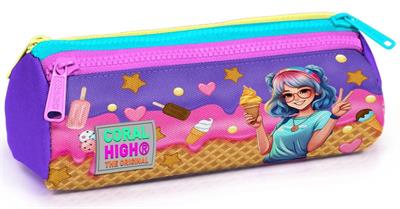 Coral High Mor Pembe Dondurmalı Kız Desenli Kız Çocuk Üç Gözlü Kalemlik 22089