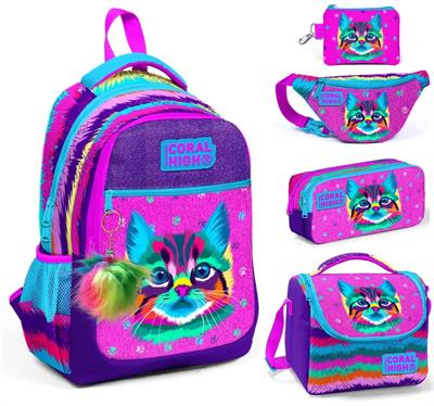 Coral High Mor Pembe Kedi Beşli Okul ve Günlük Çanta Seti - Kız Çocuk