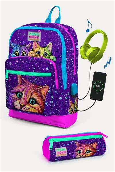 Coral High Mor Pembe Kedi Desenli USBli 2li Okul Çanta Seti - Kız Çocuk