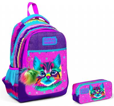 Coral High Mor Pembe Kedi İlkokul Sırt Çantası ve Kalemlik Seti - Kız Çocuk