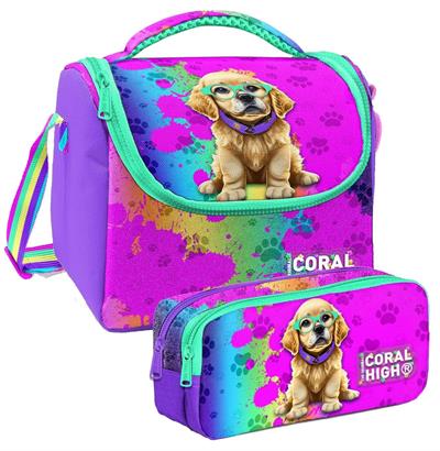 Coral High Mor Pembe Köpek Desenli Kız Çocuk Isı Yalıtımlı Beslenme Çantası ve Kalemlik Seti