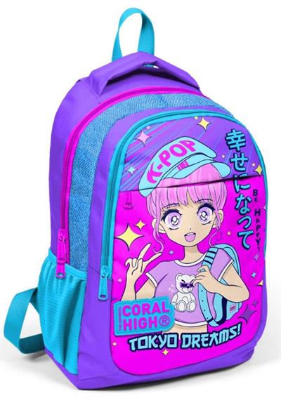 Coral High Mor Pembe Mavi K-Pop İlkokul ve Ortaokul Sırt Çantası Üç Bölmeli
