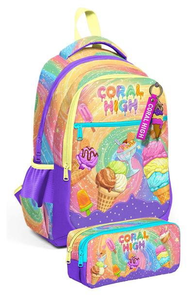 Coral High Mor Sarı Dondurma Baskılı Kız Çocuk İlkokul Sırt Çantası ve Kalem Çantası Seti - SETYGN33254C