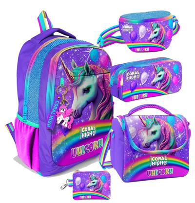 Coral High Mor Simli Unicorn Desenli Kız Çocuk Beşli Okul Çanta Seti - İlkokul ve Ortaokul İçin Uygun