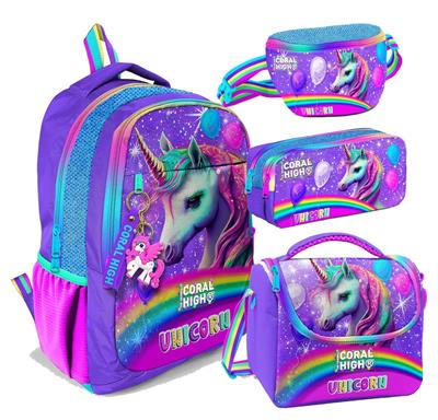 Coral High Mor Simli Unicorn Desenli Kız Çocuk Dörtlü Okul Çanta Seti - İlkokul ve Ortaokul İçin Uygun