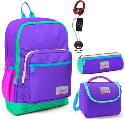 Coral High Mor USB Soketli Üçlü İlkokul Çanta Seti - Kız Çocuk
