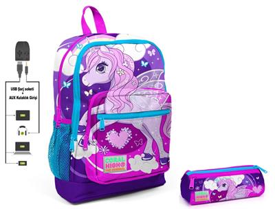 Coral High Mor Unicorn Baskılı İlkokul Sırt Çantası ve Kalemlik Seti - Kız Çocuk - USB Soketli