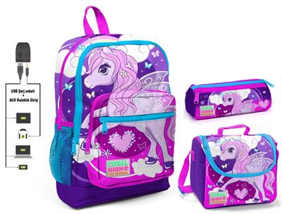 Coral High Mor Unicorn Baskılı Kız İlkokul Çanta Seti - USB Çıkışlı