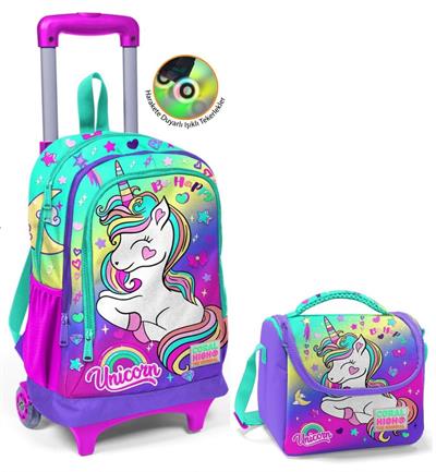 Coral High Mor Yeşil Unicorn Çekçek Okul Çantası ve Beslenme Seti - Işıklı Tekerlekler - Kız Çocuk