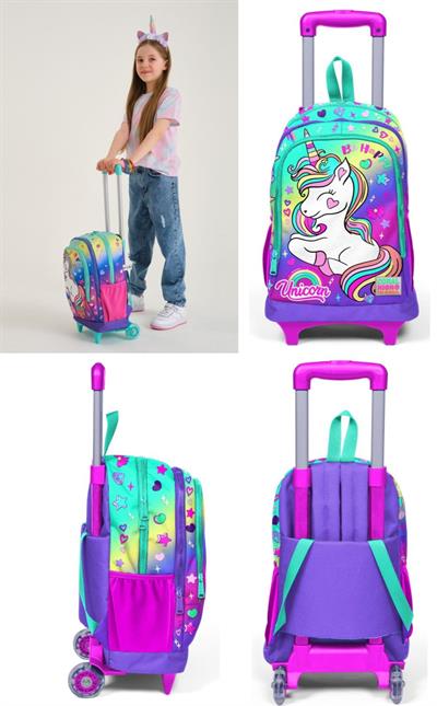 Coral High Mor Yeşil Unicorn Çekçek Okul Çantası ve Beslenme Seti - Işıklı Tekerlekler - Kız Çocuk