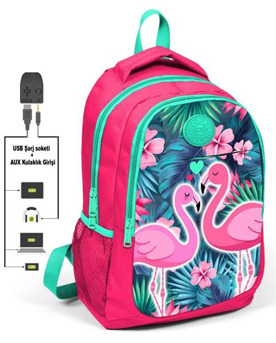 Coral High Narçiçeği Flamingo İlkokul Çantası ve Kalemlik Seti - USB Soketli - Kız