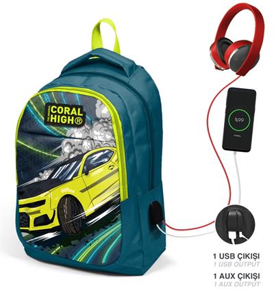 Coral High Nefti Sarı Araba USB Çıkışlı İlkokul ve Ortaokul Sırt Çantası