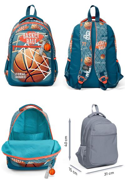 Coral High Nefti Turuncu Basketbol Desenli Erkek Çocuk Beşli Okul Çanta Seti - İlkokul İçin Uygun