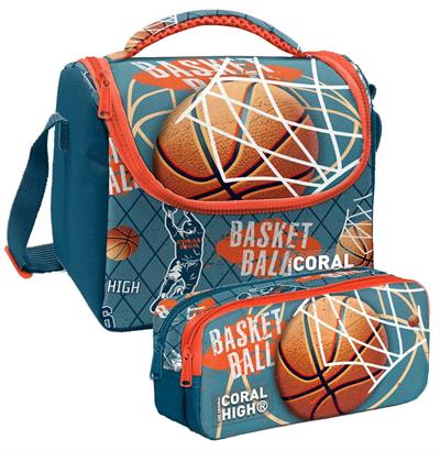 Coral High Nefti Turuncu Basketbol Desenli Erkek Çocuk Isı Yalıtımlı Beslenme Çantası ve Kalemlik Seti