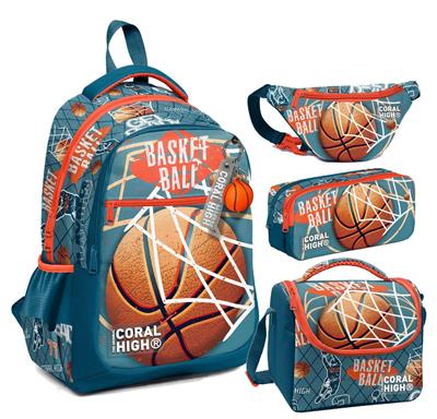 Coral High Nefti Turuncu Basketbol Desenli Erkek Çocuk Okul Beslenme Kalemlik ve Bel Çantası Seti - İlkokul İçin Uygun