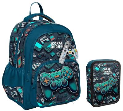 Coral High Nefti Yeşil Oyun Konsolu Erkek Çocuk Okul Çantası ve Organizer Kalemlik Seti
