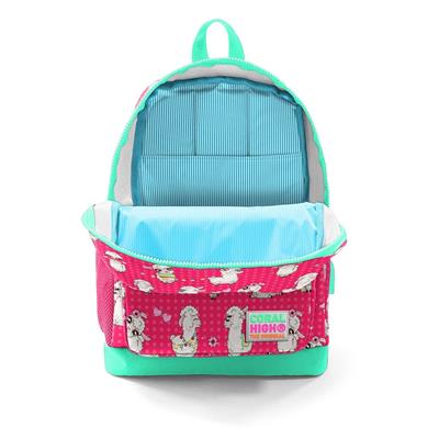 Coral High Okul Çantası ve Beslenme Çantası Seti - Yeşil Kırmızı Lama - USB Soketli - Kız Çocuk