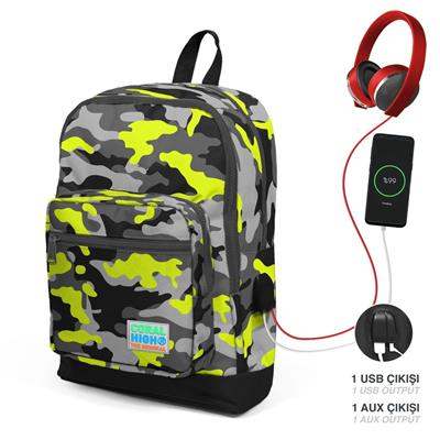 Coral High Okul Çantası ve Beslenme Çantası Seti - Erkek Çocuk Yeşil Kamuflaj - USB Soketli