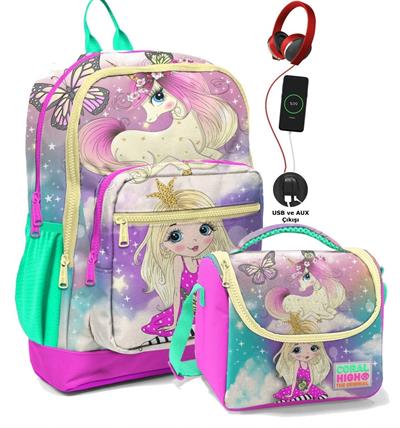 Coral High Okul Çantası ve Beslenme Çanta Seti - Usb Soketli - Su Yeşili Unicorn - Kız Çocuk