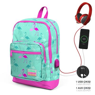 Coral High Okul Çantası ve Beslenme Çantası Seti - Kız Çocuk Yeşil Flamingo - USB Soketli