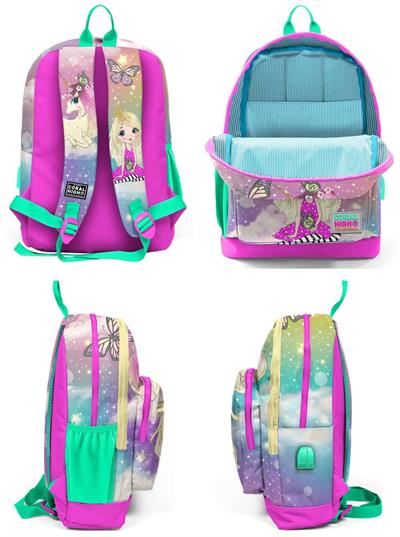 Coral High Okul Çantası ve Beslenme Çanta Seti - Usb Soketli - Su Yeşili Unicorn - Kız Çocuk