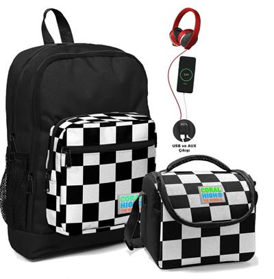 Coral High Okul Çantası ve Beslenme Çantası Seti - Erkek Çocuk Siyah Damalı - USB Soketli