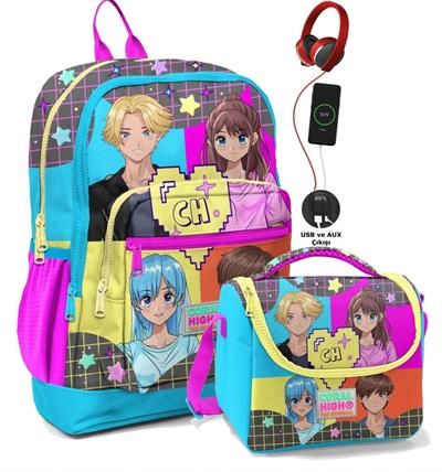 Coral High Okul Çantası ve Beslenme Çanta Seti - Usb Soketli Mavi Pembe Anime Kız Çocuk