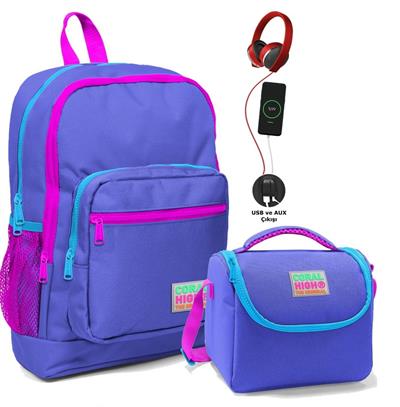Coral High Okul Çantası ve Beslenme Çantası Seti - Kız Çocuk Mor - USB Soketli