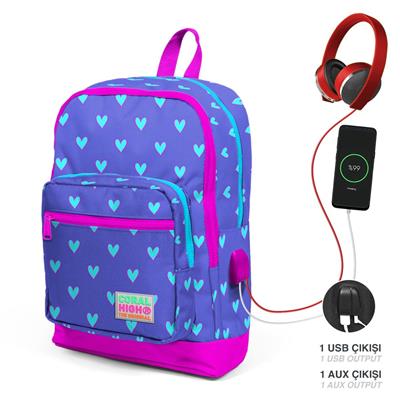 Coral High Okul Çantası ve Beslenme Çantası Seti - Kız Çocuk Pembe Lavanta Kalp - USB Soketli
