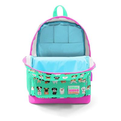 Coral High Okul Çantası ve Beslenme Çantası Seti - Yeşil Pembe Köpek - USB Soketli - Kız Çocuk