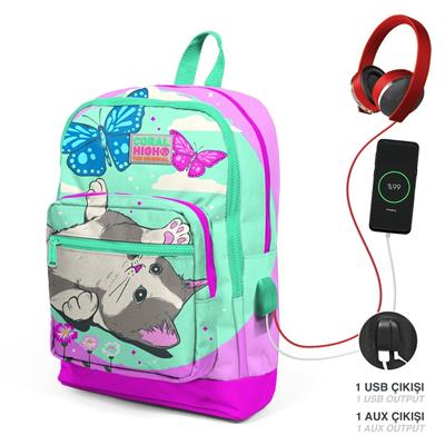 Coral High Okul Çantası ve Beslenme Çantası Seti - Kız Çocuk Sevimli Kedi ve Kelebek - USB Soketli