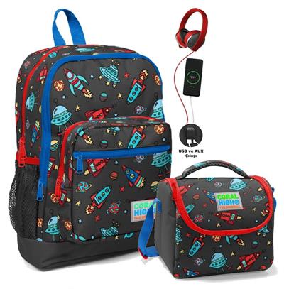 Coral High Okul Çantası ve Beslenme Çantası Seti - Gri Mavi Uzay - USB Soketli - Erkek Çocuk