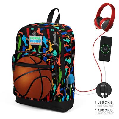 Coral High Okul Çantası ve Beslenme Çantası Seti - Siyah Turuncu Basketbol - USB Soketli - Erkek Çocuk