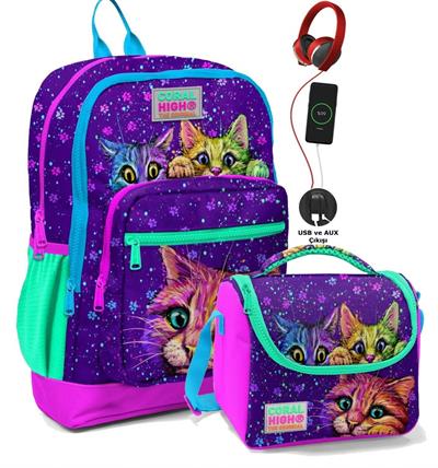 Coral High Okul Çantası ve Beslenme Çanta Seti - Usb Soketli Mor Kedi Kız Çocuk