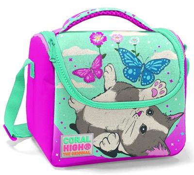 Coral High Okul Çantası ve Beslenme Çantası Seti - Kız Çocuk Sevimli Kedi ve Kelebek - USB Soketli