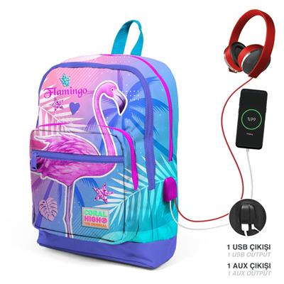 Coral High Okul Çantası ve Beslenme Çantası Seti - Kız Çocuk Pembe Flamingo - USB Soketli