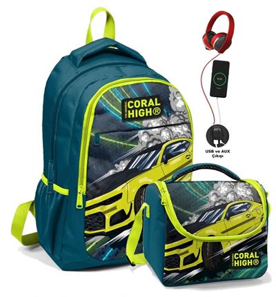 Coral High Okul Çantası ve Beslenme Çantası Seti - Nefti Sarı Araba - Erkek Çocuk