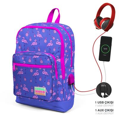 Coral High Okul Çantası ve Beslenme Çantası Seti - Kız Çocuk Mor Flamingo - USB Soketli