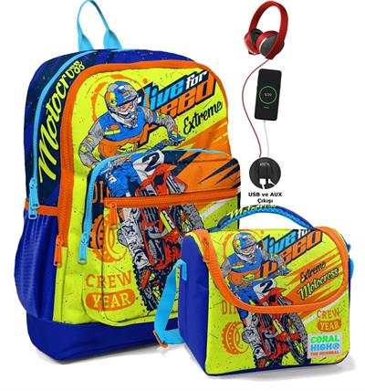Coral High Okul Çantası ve Beslenme Çanta Seti - Usb Soketli Sarı Mavi Motosiklet Erkek Çocuk