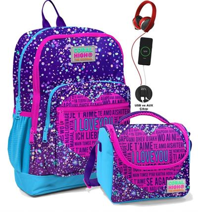 Coral High Okul Çantası ve Beslenme Çanta Seti - Usb Soketli Mor Mavi Kalp Kız Çocuk
