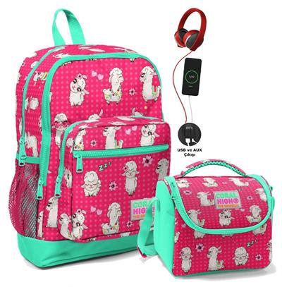 Coral High Okul Çantası ve Beslenme Çantası Seti - Yeşil Kırmızı Lama - USB Soketli - Kız Çocuk