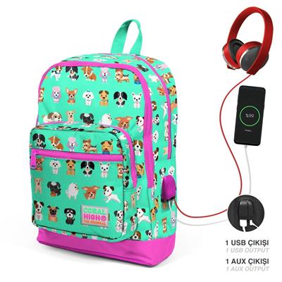Coral High Okul Çantası ve Beslenme Çantası Seti - Yeşil Pembe Köpek - USB Soketli - Kız Çocuk