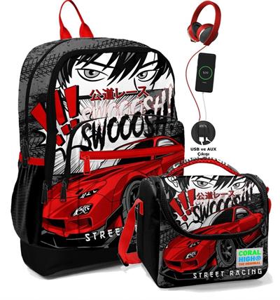 Coral High Okul Çantası ve Beslenme Çanta Seti - Usb Soketli - Siyah Kırmızı Araba Erkek Çocuk