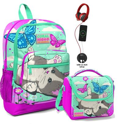 Coral High Okul Çantası ve Beslenme Çantası Seti - Kız Çocuk Sevimli Kedi ve Kelebek - USB Soketli