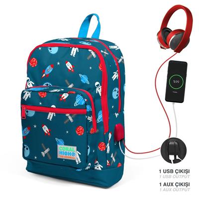 Coral High Okul Çantası ve Beslenme Çantası Seti - Erkek Çocuk Lacivert Mavi Astronot - USB Soketli