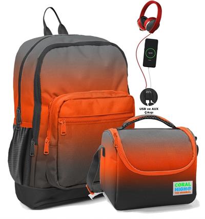 Coral High Okul Çantası ve Beslenme Çanta Seti - Usb Soketli - Siyah Turuncu Gradyan Erkek Çocuk